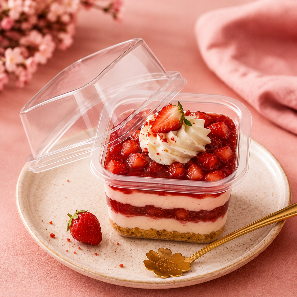 Strawberry dessert in a transparent container on a pink surface with flowers and a gold spoon.