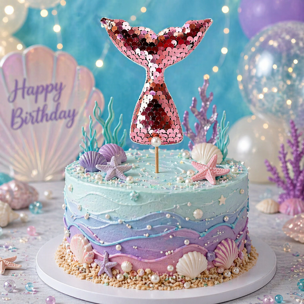 Mermaid-themed birthday cake with sequin tail topper, surrounded by shell decorations and balloons.
