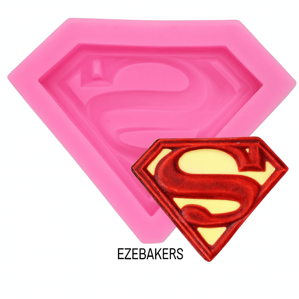 Superman logo silicone mold with a red border and yellow center, branded 'EzeBakers'.