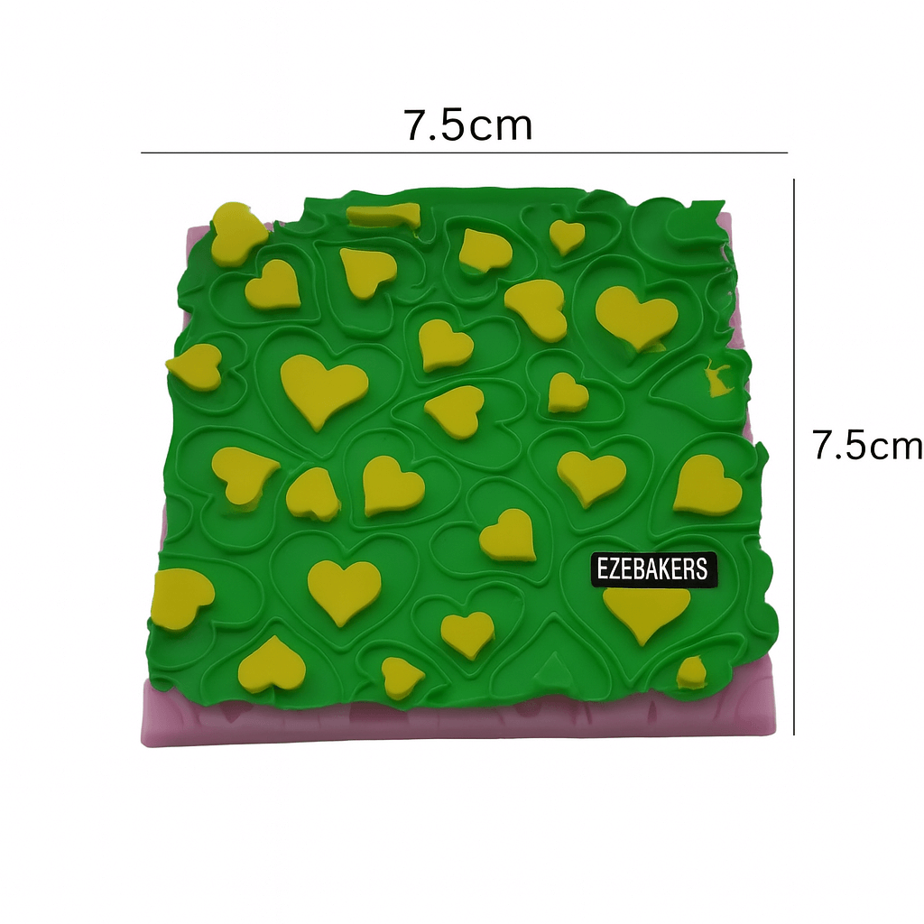 Green silicone mold with yellow heart shapes and 'EzeBakers' branding, shown with dimensions.