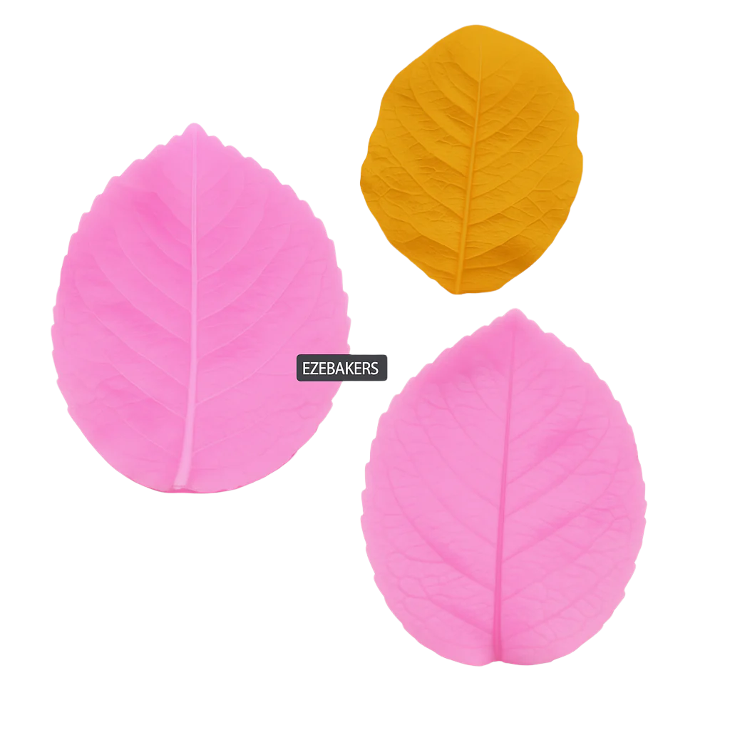 Three leaf-shaped molds in pink and yellow on a light gray background with 'EzeBakers' branding.