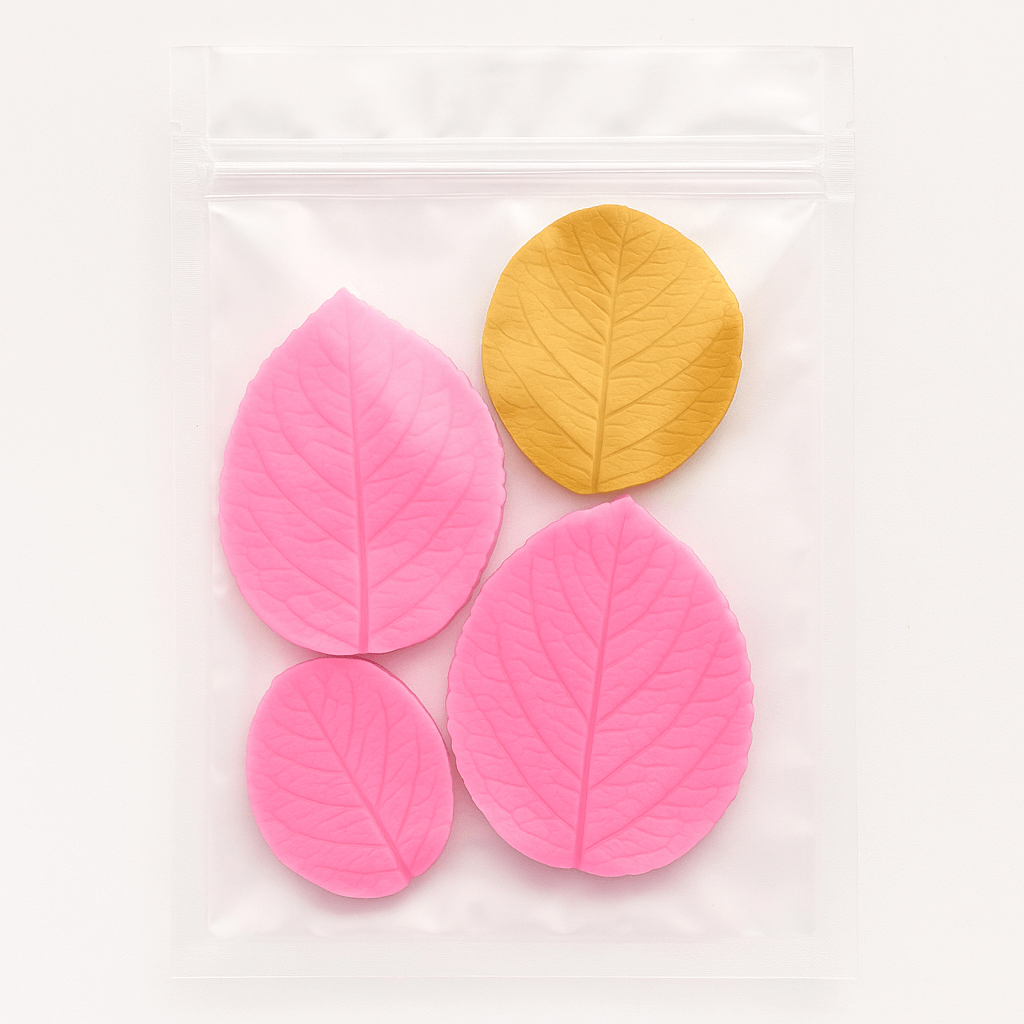 Pink and yellow leaf-shaped objects on a white background