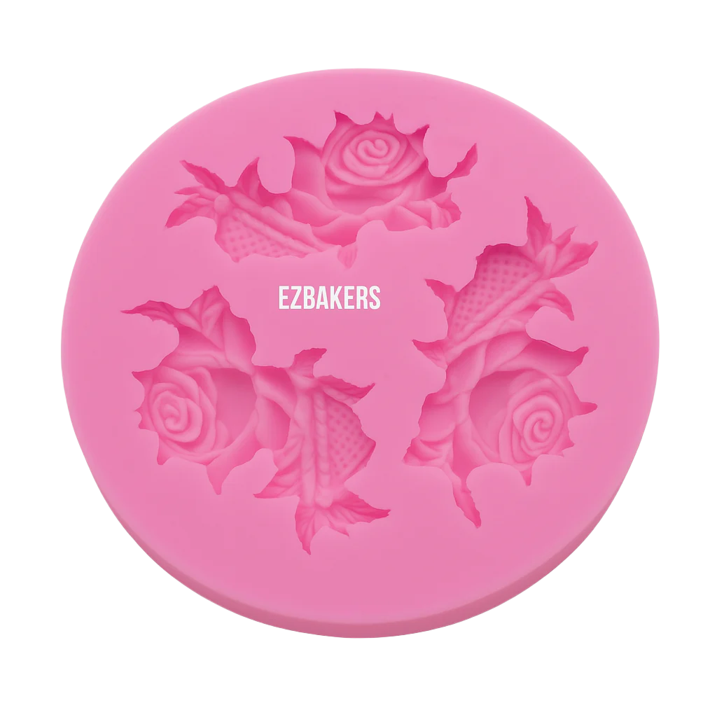 Pink silicone mold with rose designs on a white background, branded 'Ezbakers'.