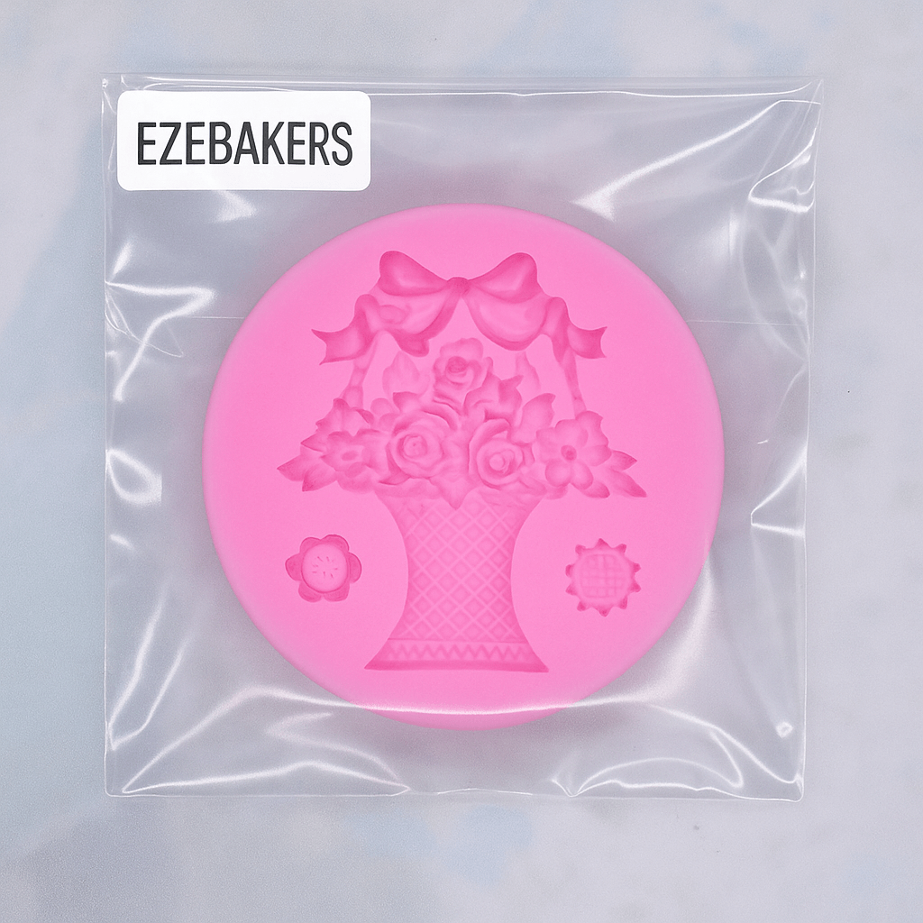 Pink silicone mold with floral design in clear packaging, branded 'EzeBakers'.