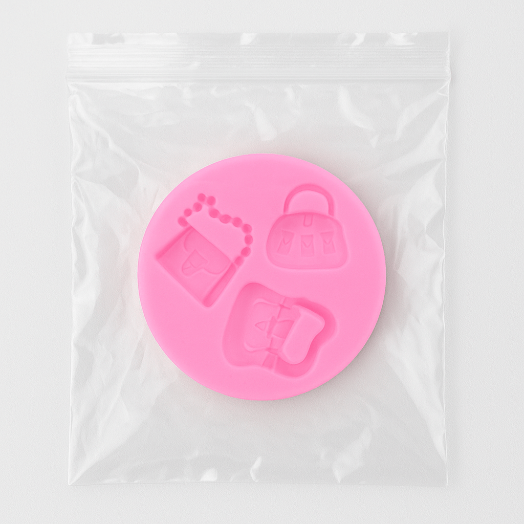 Pink silicone mold with bag or purse designs on a clear background