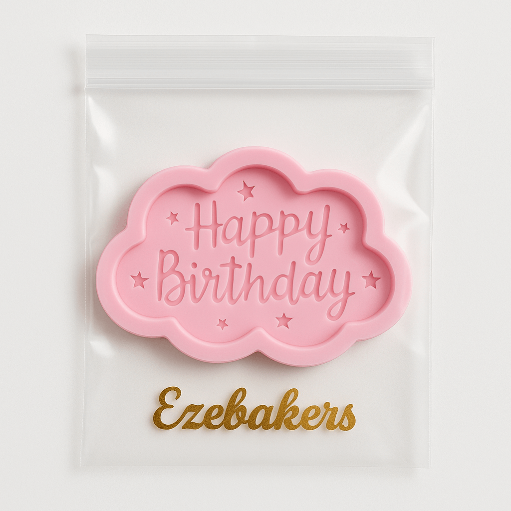 Pink 'Happy Birthday' Fondant Mold with 'Ezebakers' branding on a white background