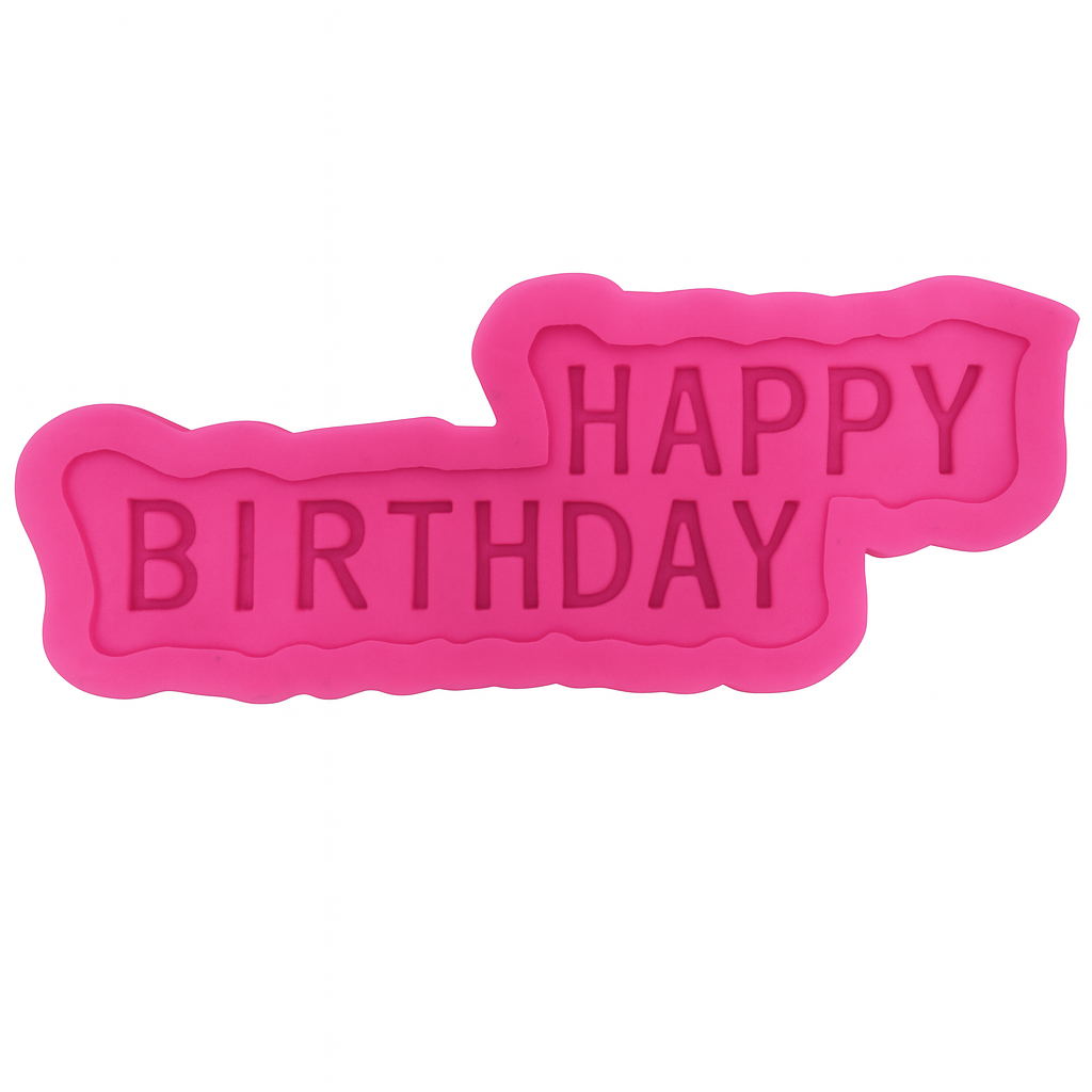 Pink 'Happy Birthday' text mold on a white background
