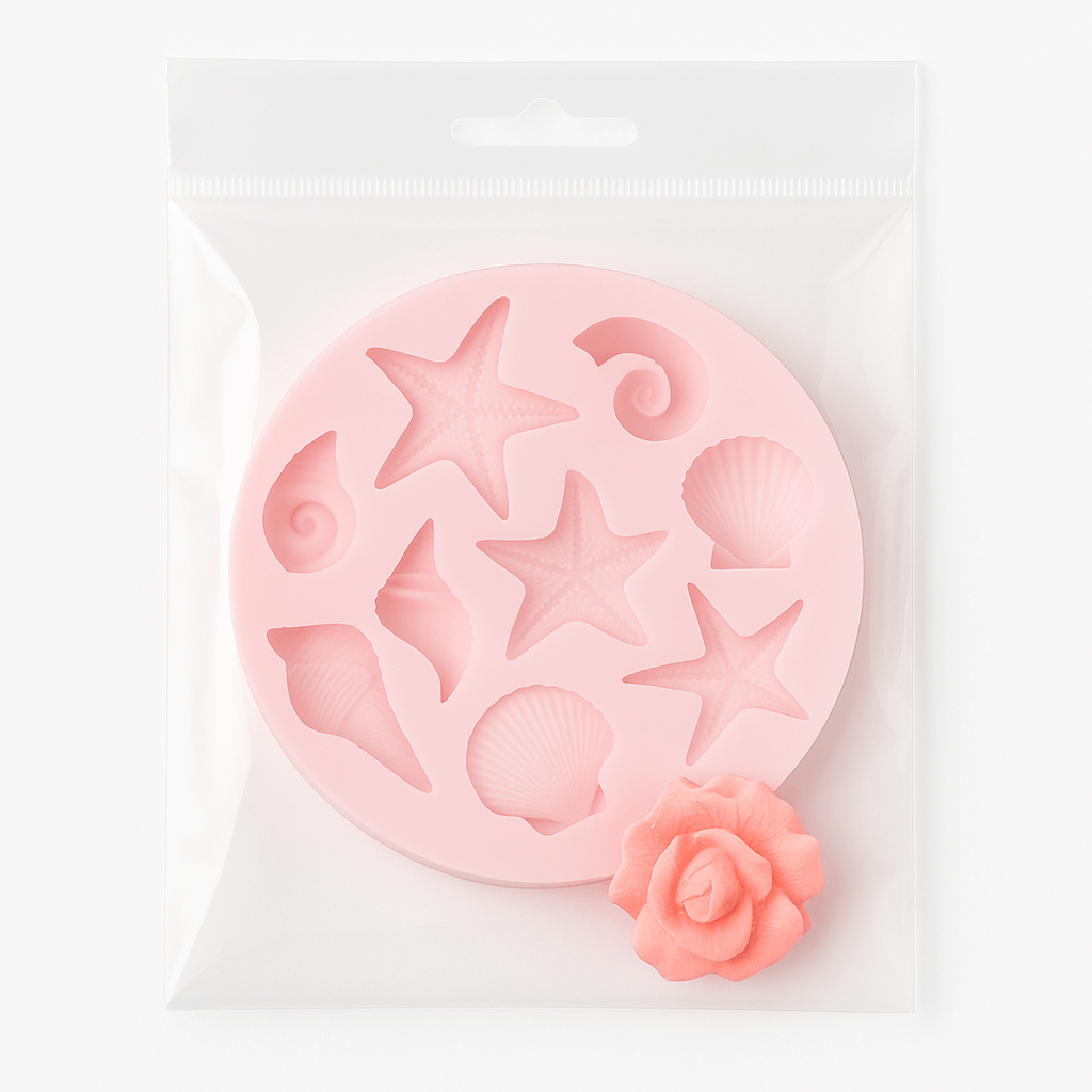 Pink silicone mold with starfish and shell designs in a transparent packet on a white background