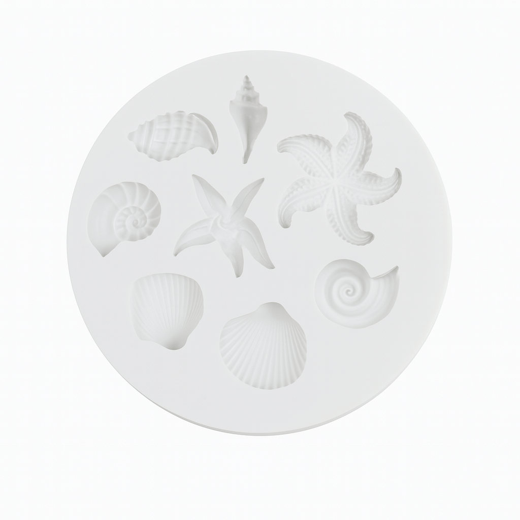 Circular silicone mold with shell and Starfish designs on a white background