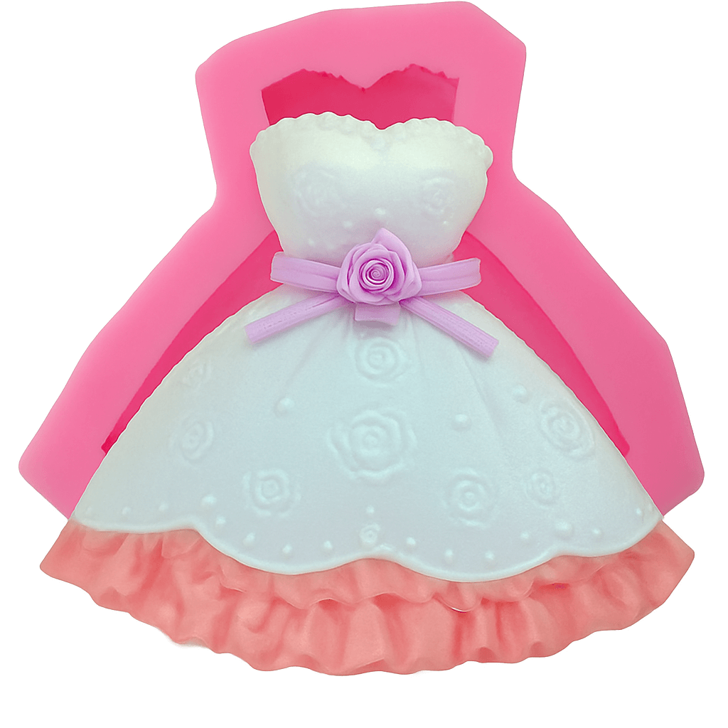 Silicone fondant mold shaped like a dress with a pink rose on a white background