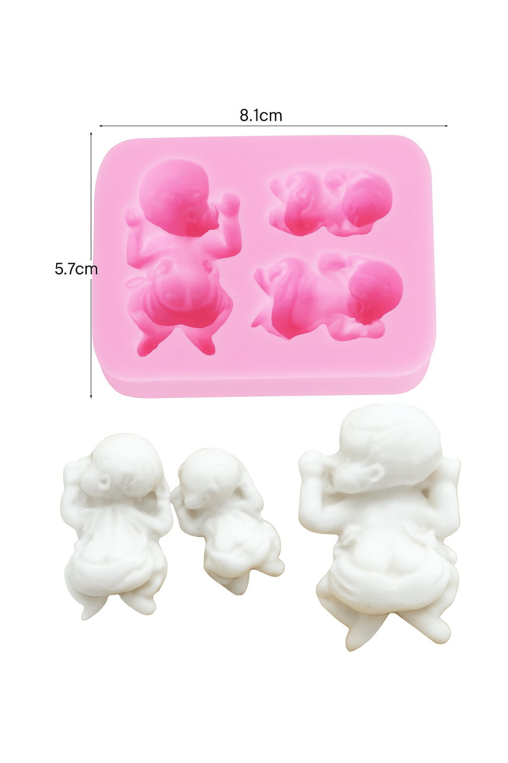 Silicone fondant mold with baby designs and measurements on a white background