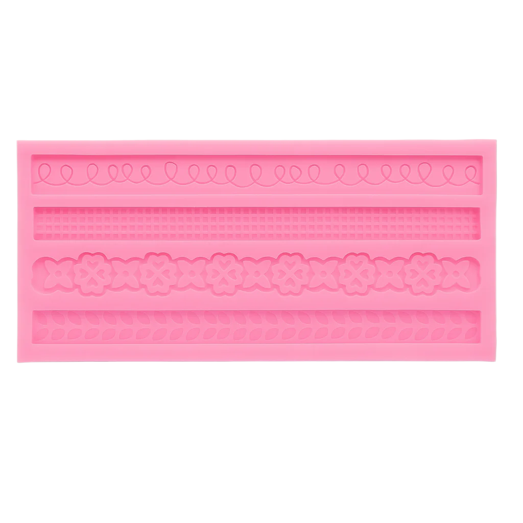 Pink silicone mold with decorative patterns on a white background