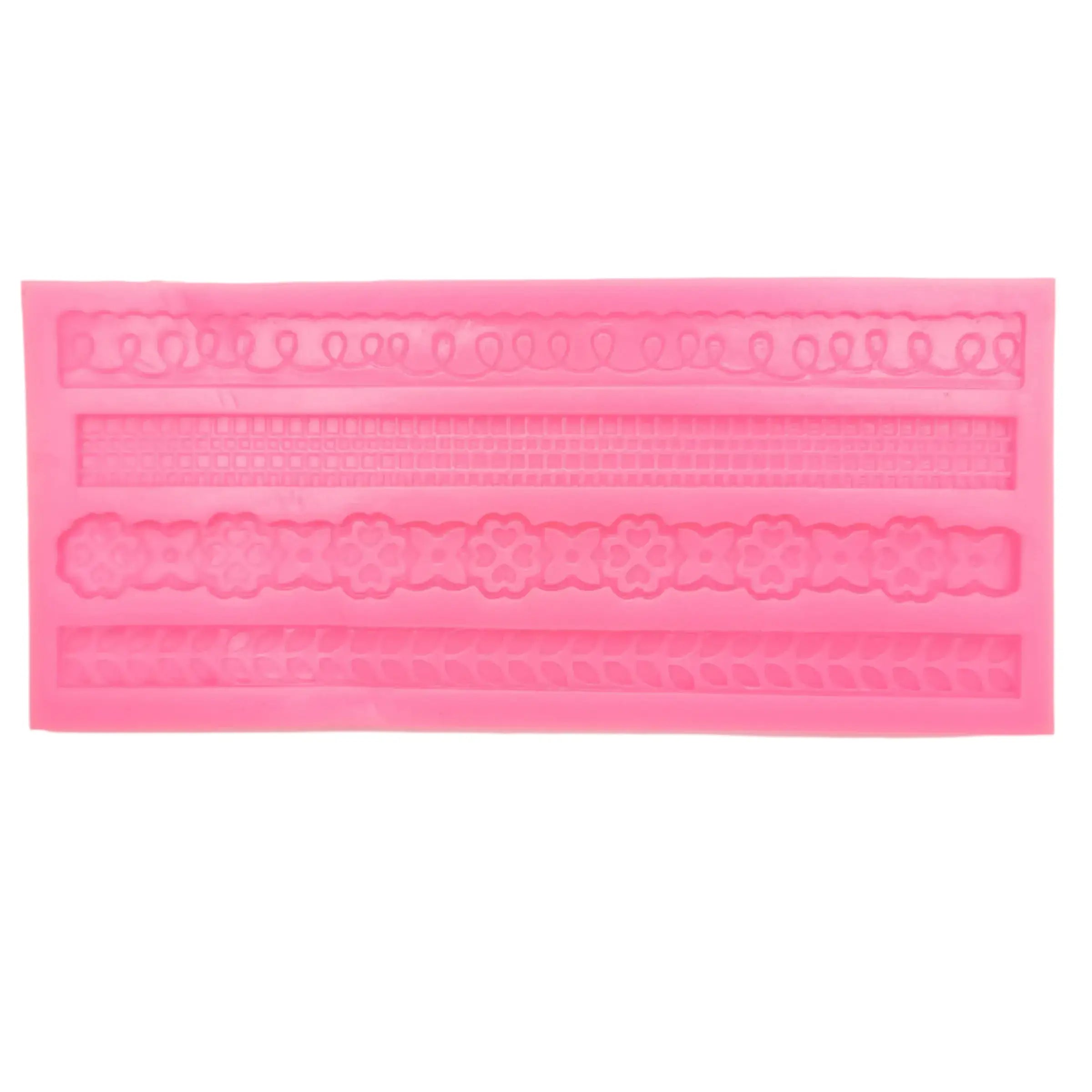 Pink silicone mold with decorative patterns on a light pink background