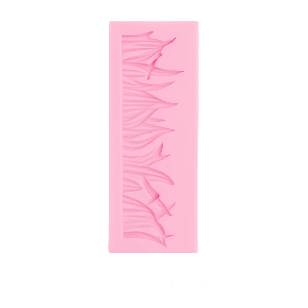 Pink silicone fondant mold with leaf pattern on a white background, branded 'Ezebakers'.