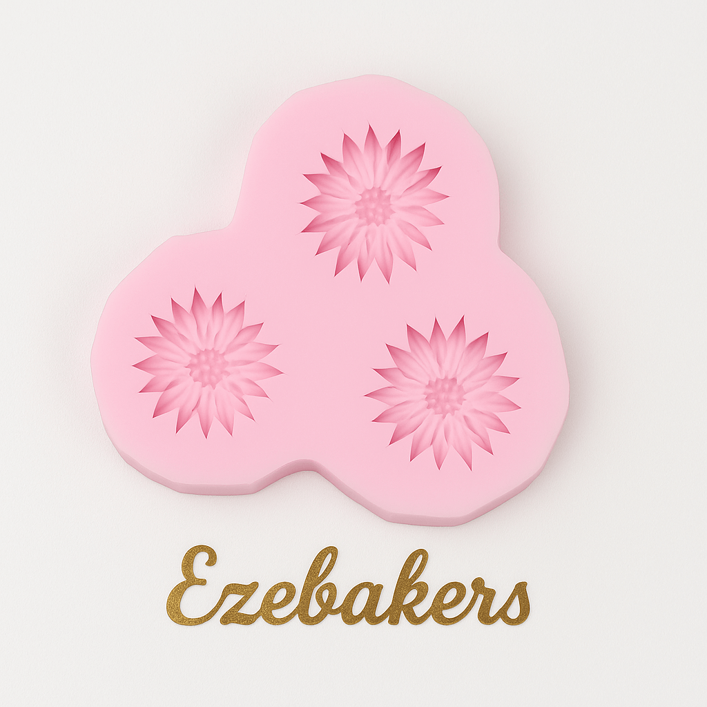 Pink silicone fondant mold with floral designs on a white background, branded 'Ezebakers'.