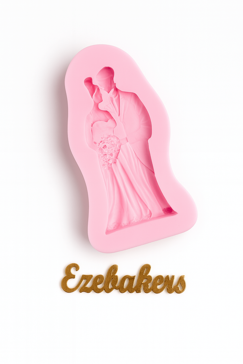 Pink silicone fondant mold with a design of a couple holding a heart, branded 'Ezebakers', on a white background.