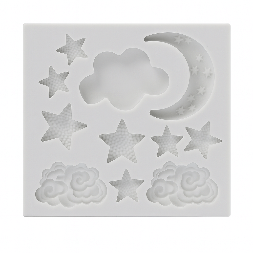 Silicone fondant mold with cloud, star, and moon shapes on a white background