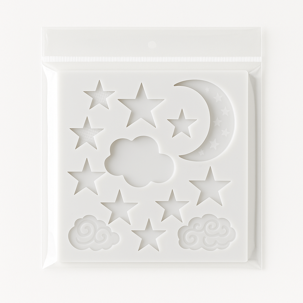White star, moon, and cloud shapes silicone fonant mold on a white background