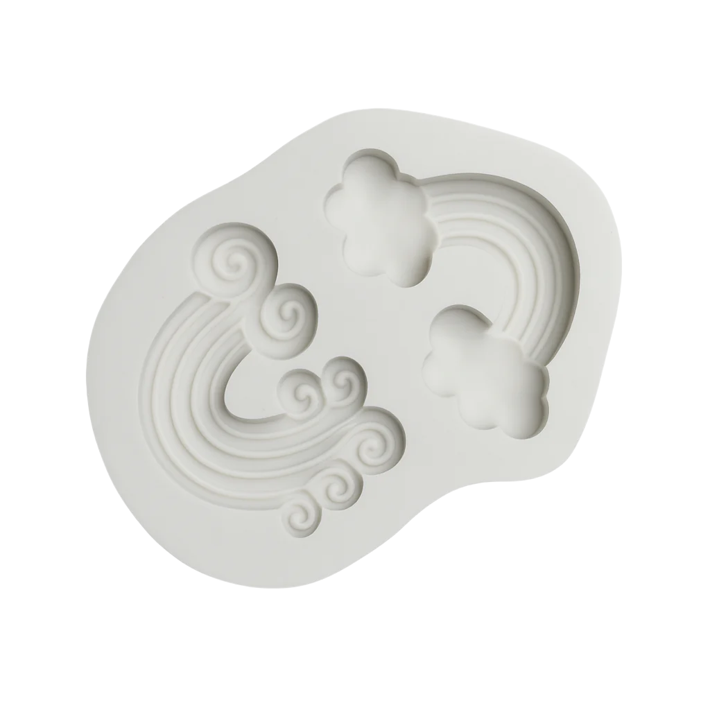 White silicone fondant mold with rainbow and moon designs on a white background, branded 'EzeBakers'.