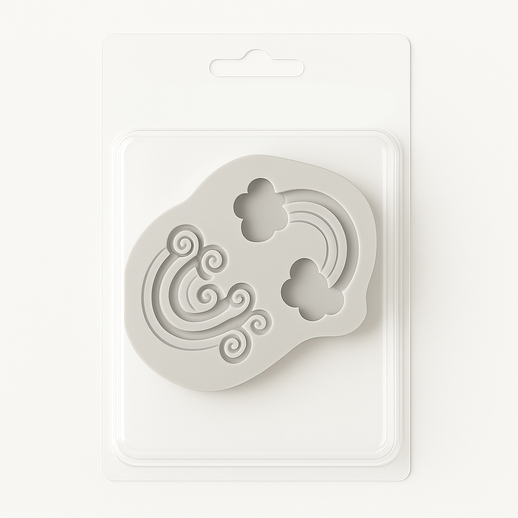 Silicone fondant mold with rainbow and clouds designs in packaging with 'EzeBakers' branding.