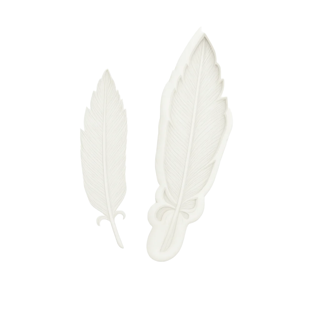 White feather-shaped silicone fondant mold on a white background