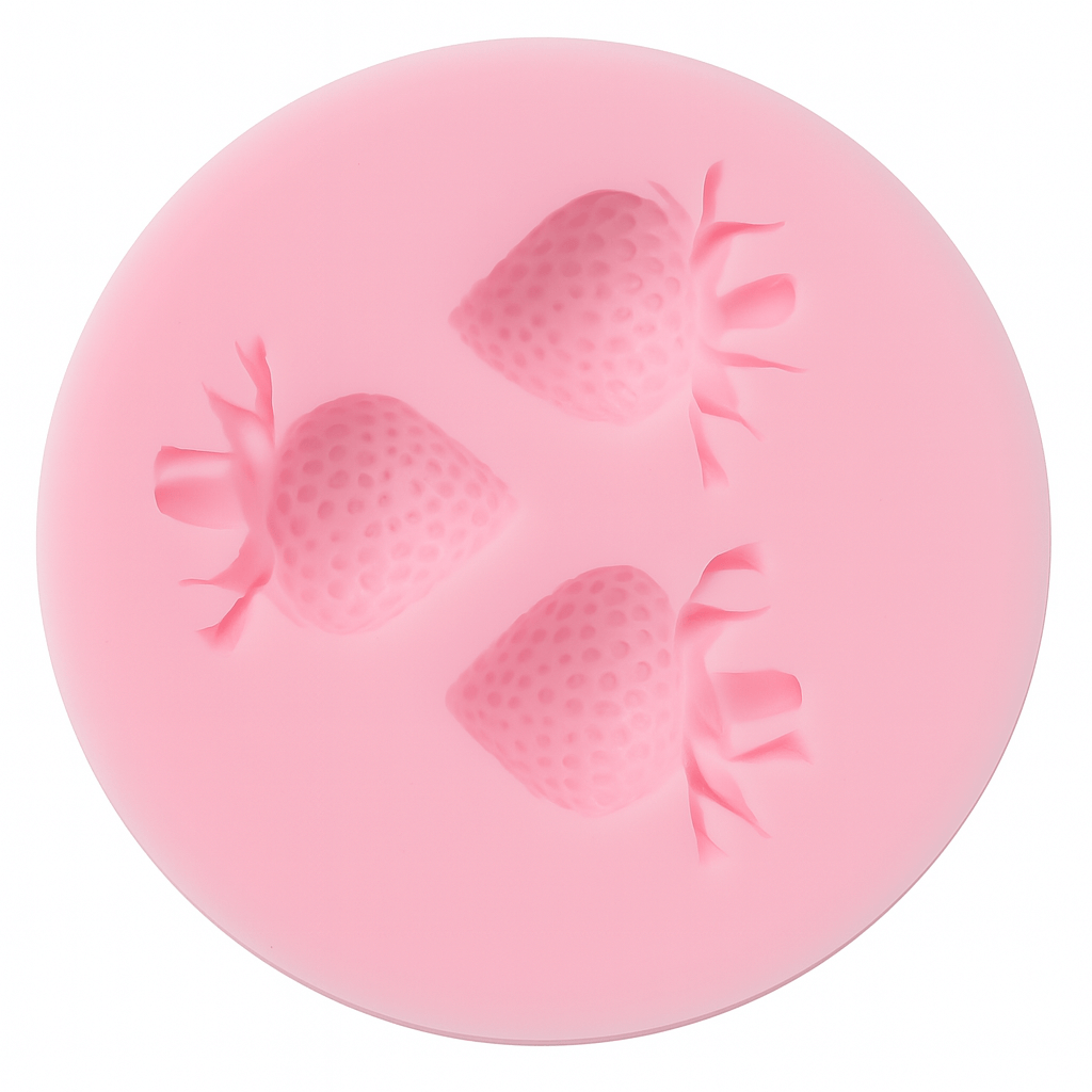 Pink silicone mold with strawberry shapes on a white background