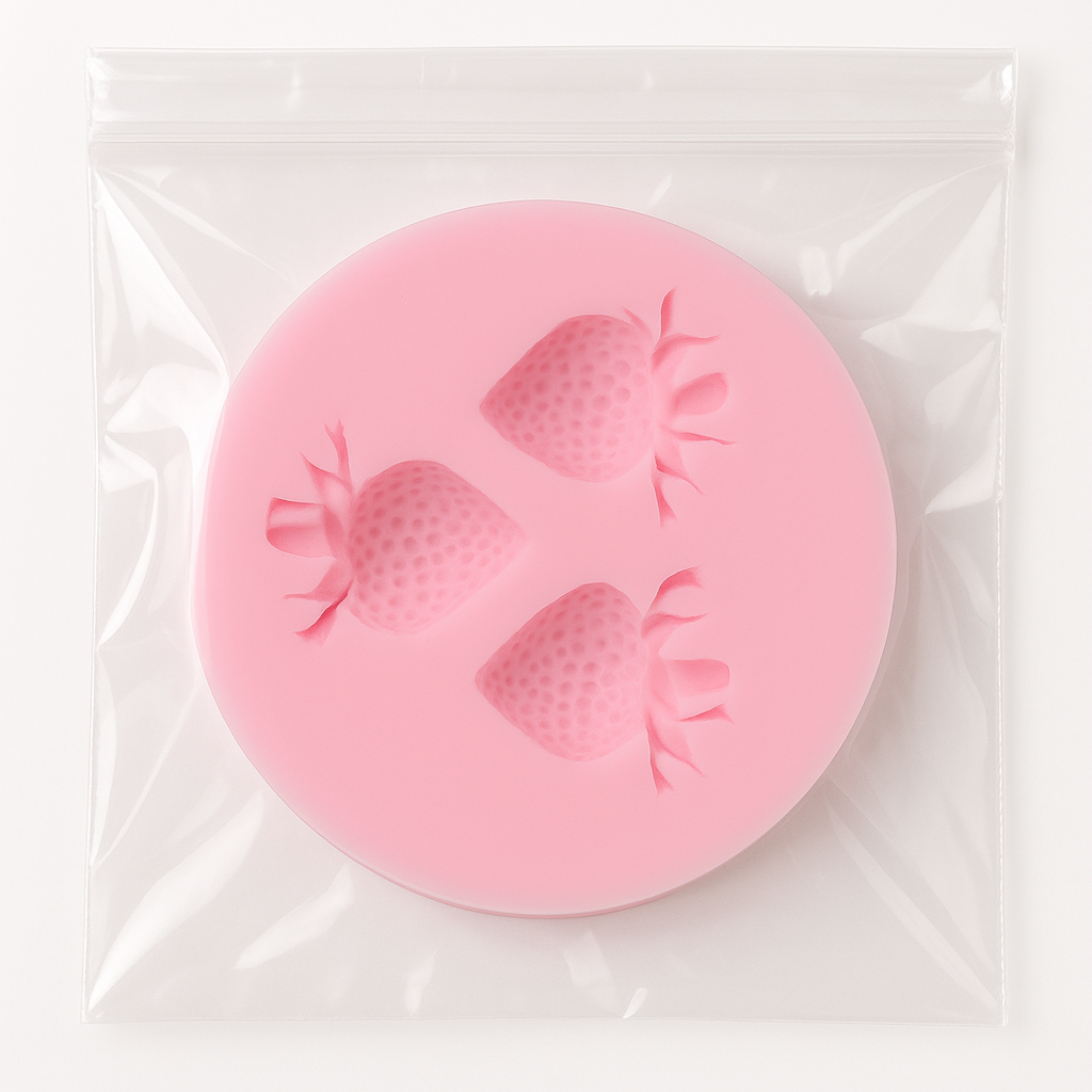 Pink silicone mold with strawberry shapes on a white background