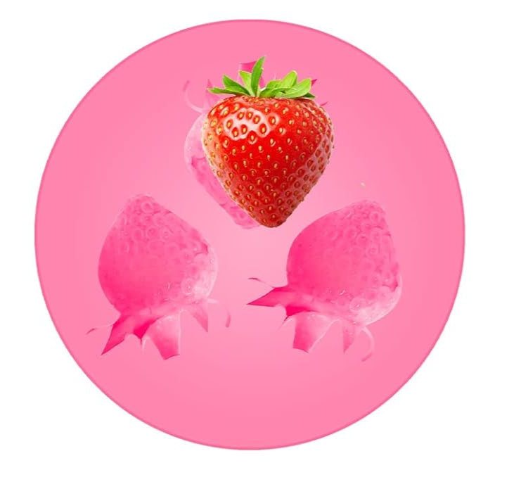 Pink strawberry silicone mold with a close-up of strawberries on a white background