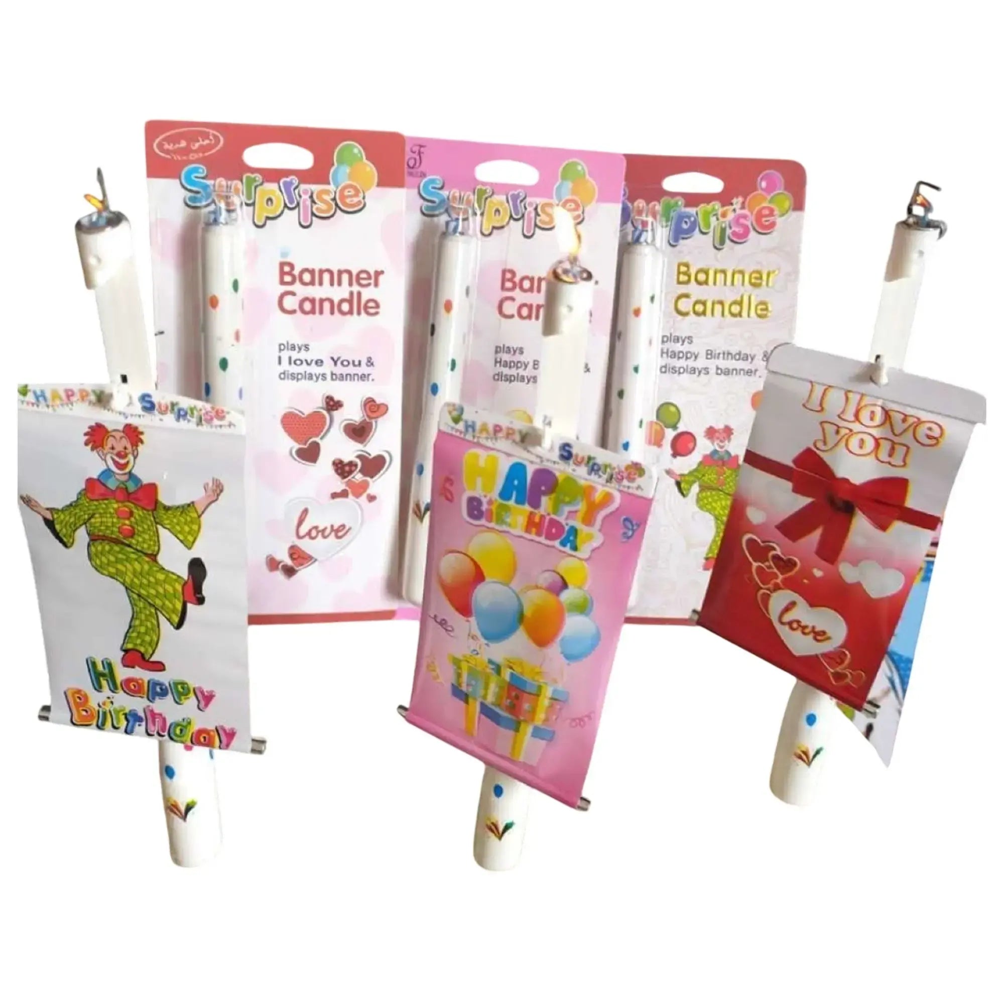 Assorted birthday-themed candles with packaging on a white background