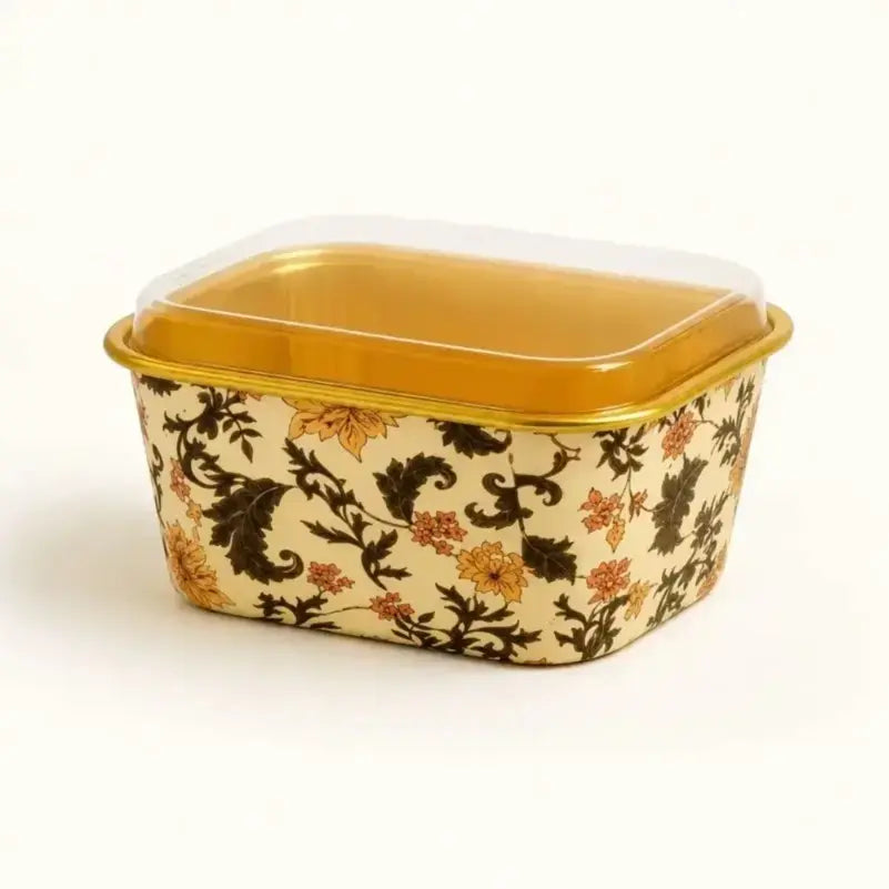 2603-1 CL017 Rectangle Floral Foil Cake Container With Lid – Golden Inner Tray Design Pack of 10