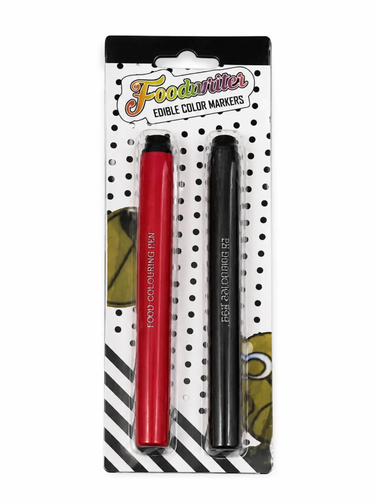 Two edible color markers in packaging with 'FoodWriter' branding on a white background.