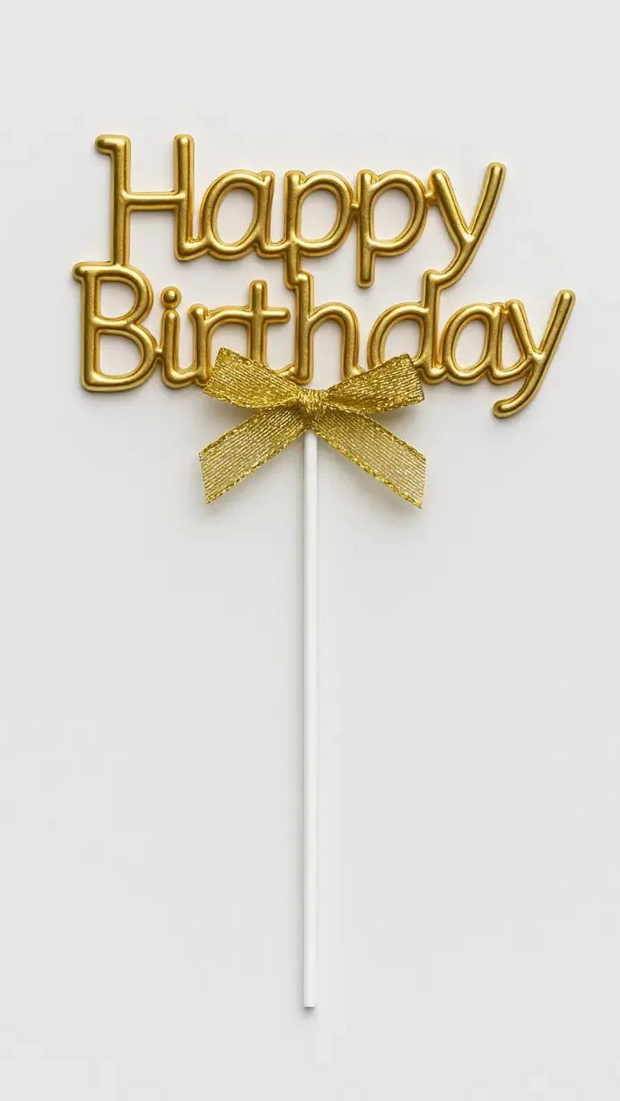 Golden Happy Birthday Topper with Ribbon – Elegant Cake Topper (Pack of 10) TPR202A