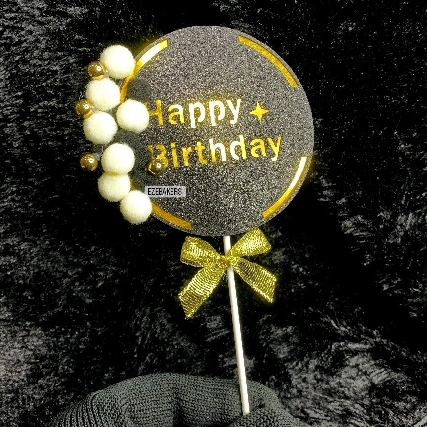 Fancy Happy Birthday Topper With Pom Pom  TPR054