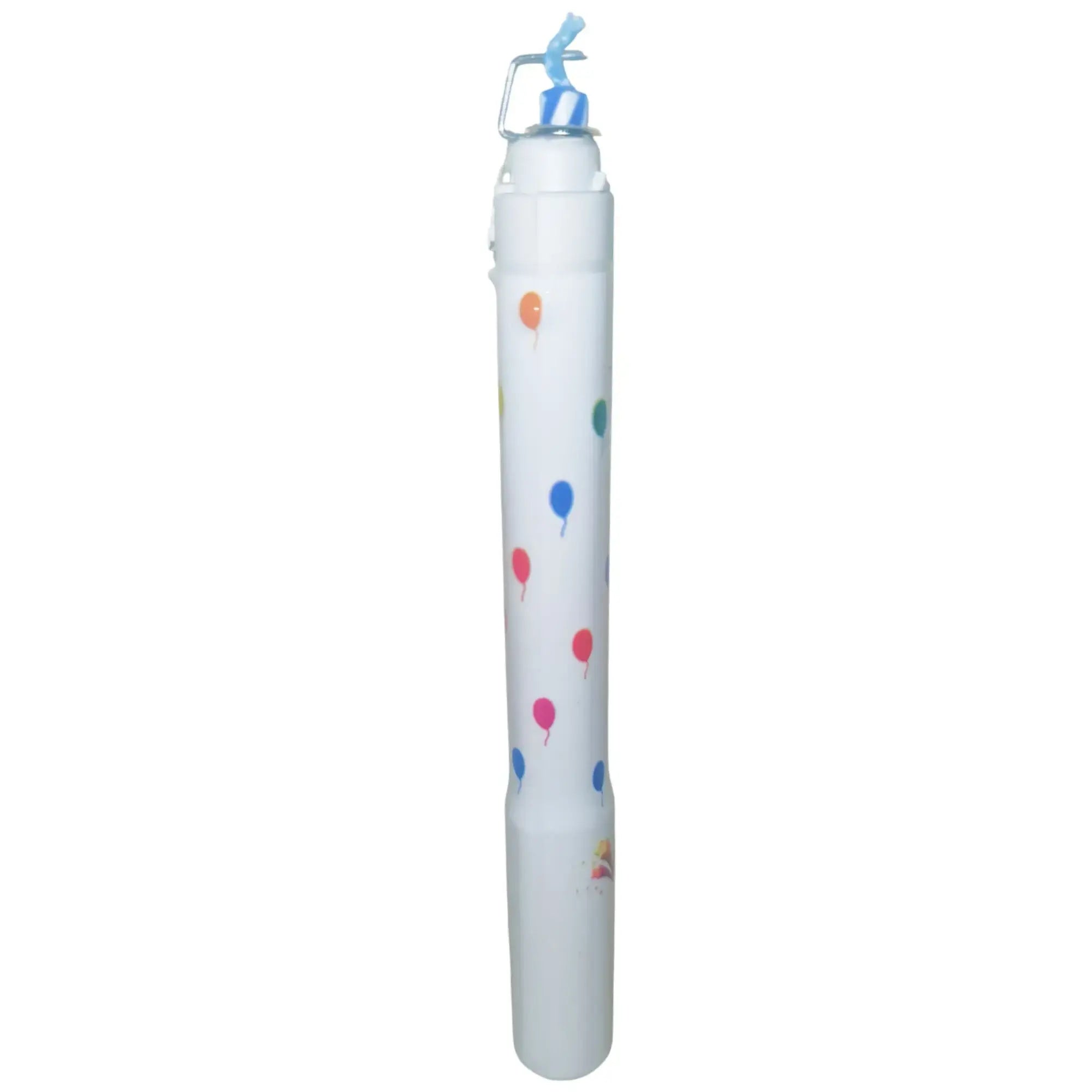 White balloon pump with colorful balloon designs on a white background