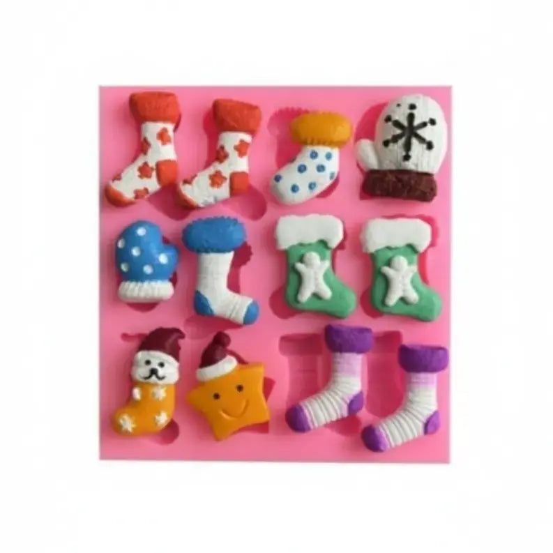 12-Cavity Christmas Stockings, Mittens, & Star Silicone Mold – Candy & Fondant | FM150