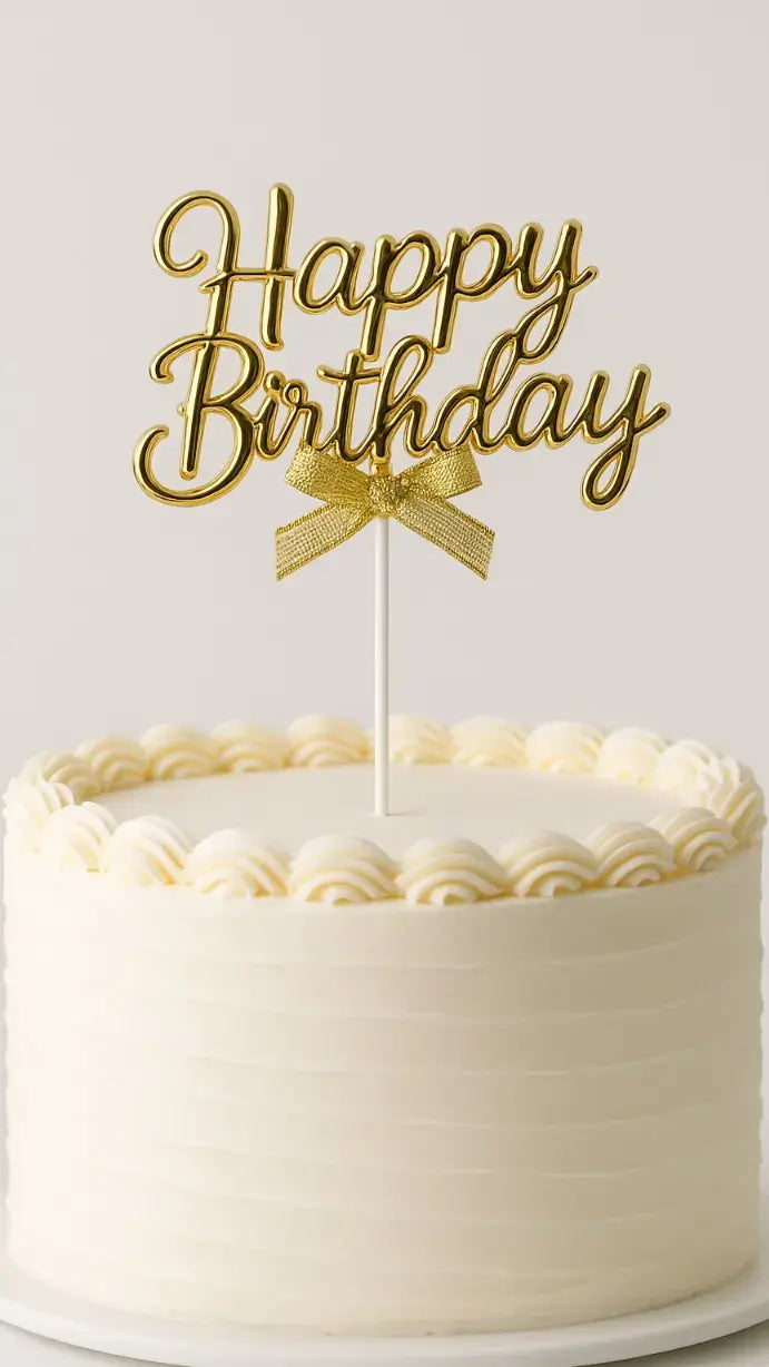 Golden Happy Birthday Topper with Ribbon – Elegant Cake Topper (Pack of 10) TPR202B