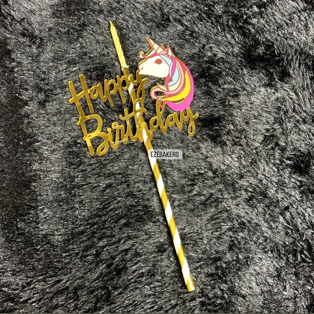 Unicorn Themed Happy Birthday Cake Topper With Candle TPR073A