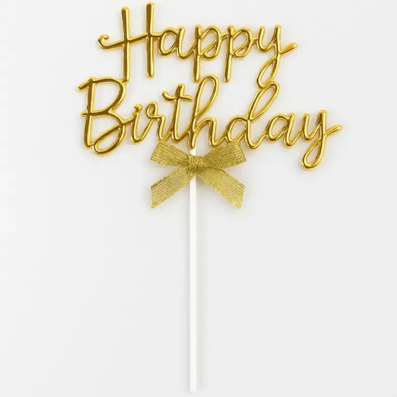 Golden Happy Birthday Topper with Ribbon – Elegant Cake Topper (Pack of 10)  TPR202C
