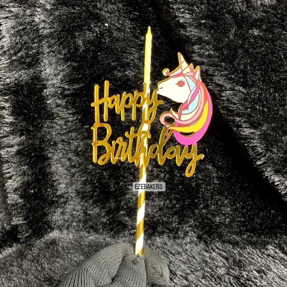 Unicorn Themed Happy Birthday Cake Topper With Candle TPR073A