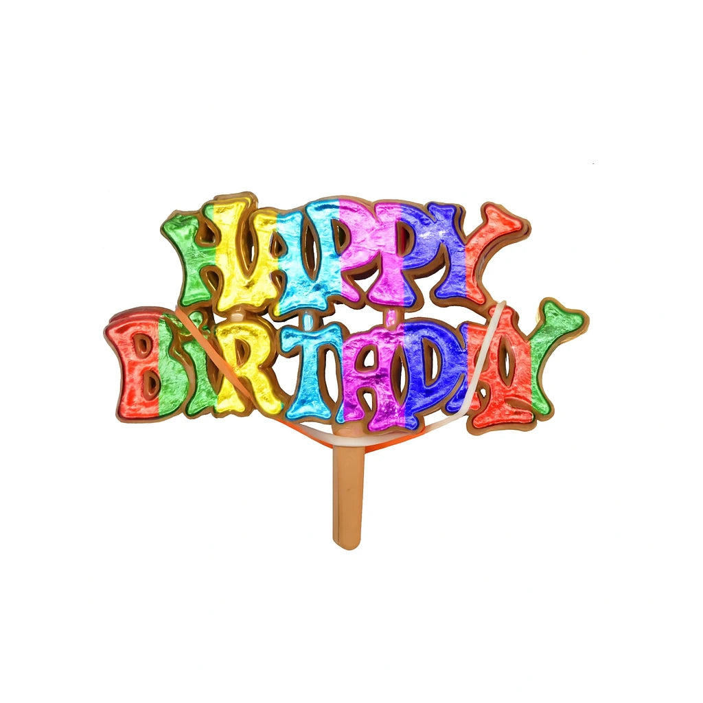Colorful 'Happy Birthday' cake tags on a white background