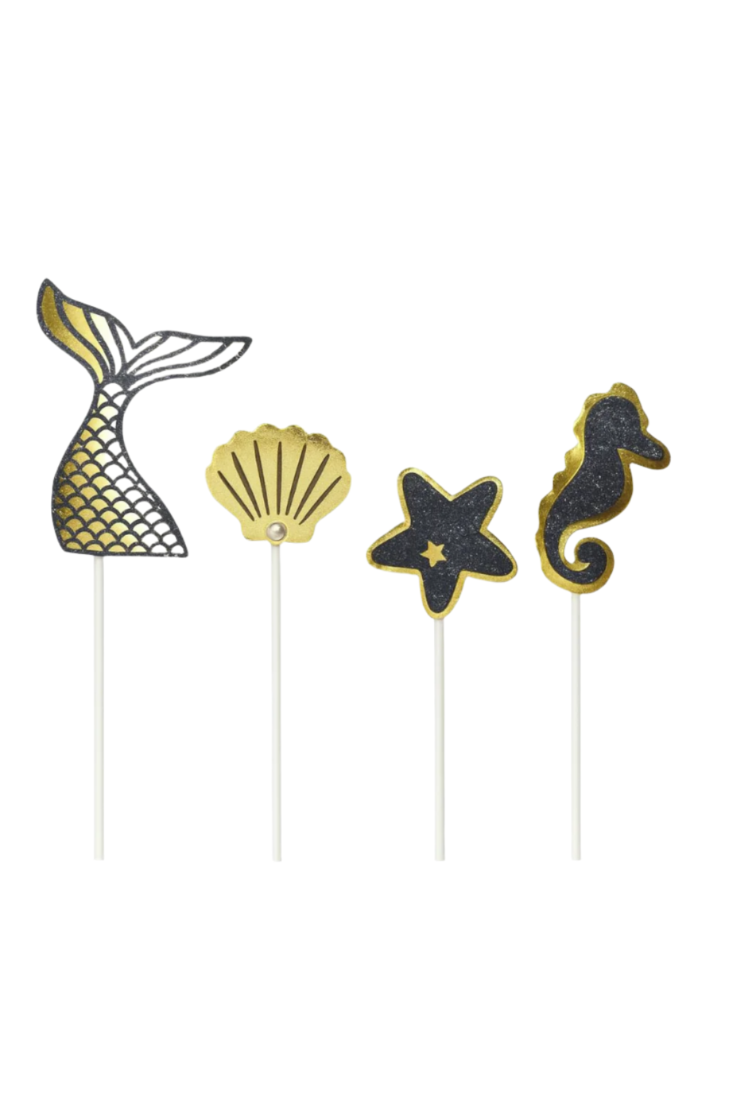 Mermaid tail, shell, starfish, and seahorse cake toppers on sticks against a white background