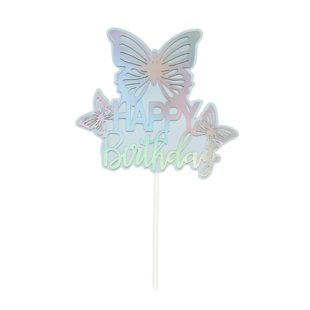 Blue 'Happy Birthday' butterfly cake topper on a white background