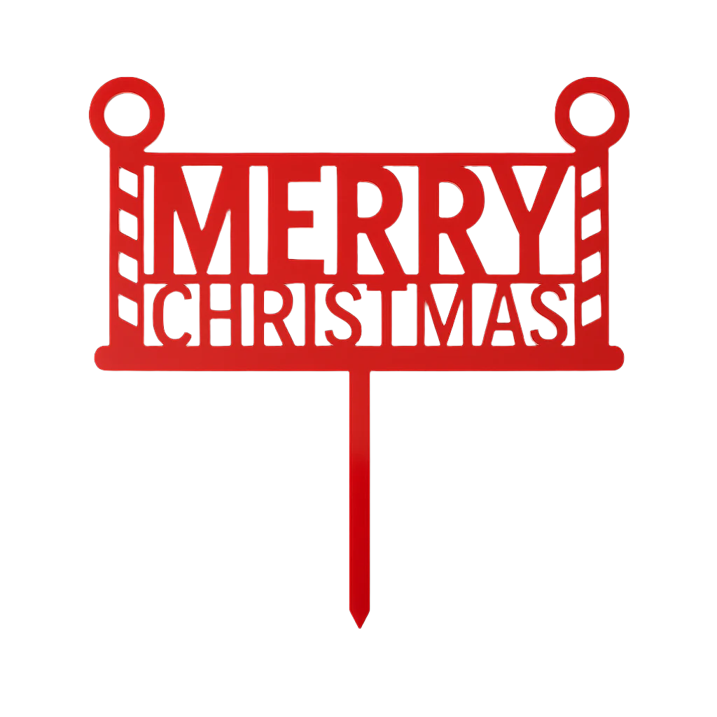 Red 'Merry Christmas' cake topper with a stick on a white background