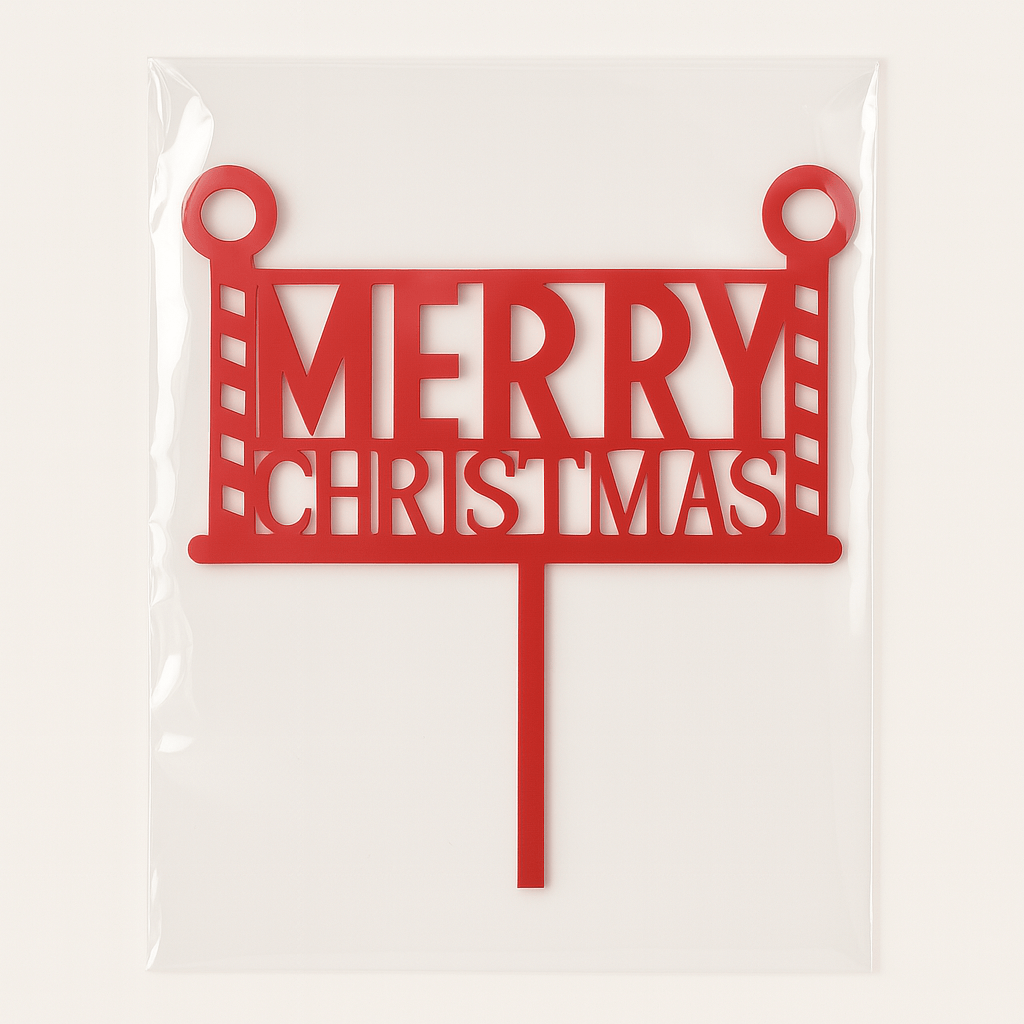 Red 'Merry Christmas' cake topper in its packet on a white background