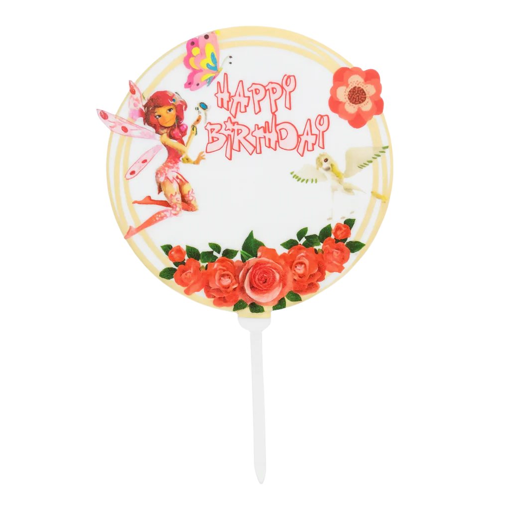 Decorative birthday cake topper with fairies and flowers on a white background