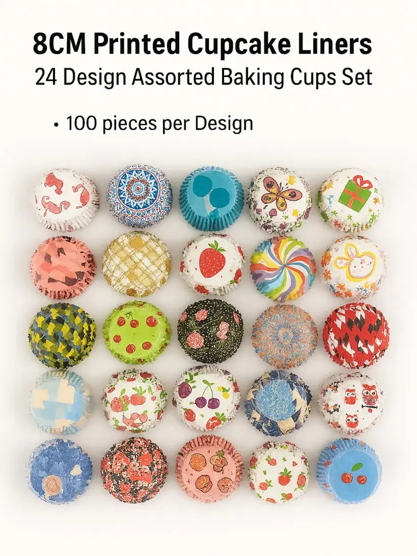 CL001 – 8CM Printed Cupcake Liners | 24 Design Assorted Baking Cups Set