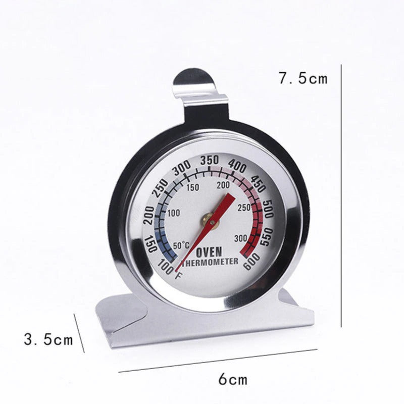 Oven thermometer with measurement details on a white background