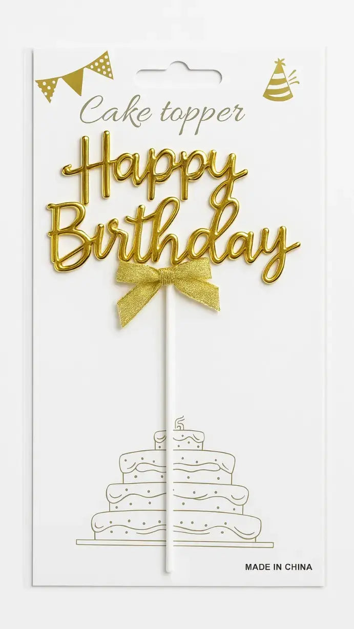 Golden Happy Birthday Topper with Ribbon – Elegant Cake Topper (Pack of 10)  TPR202C