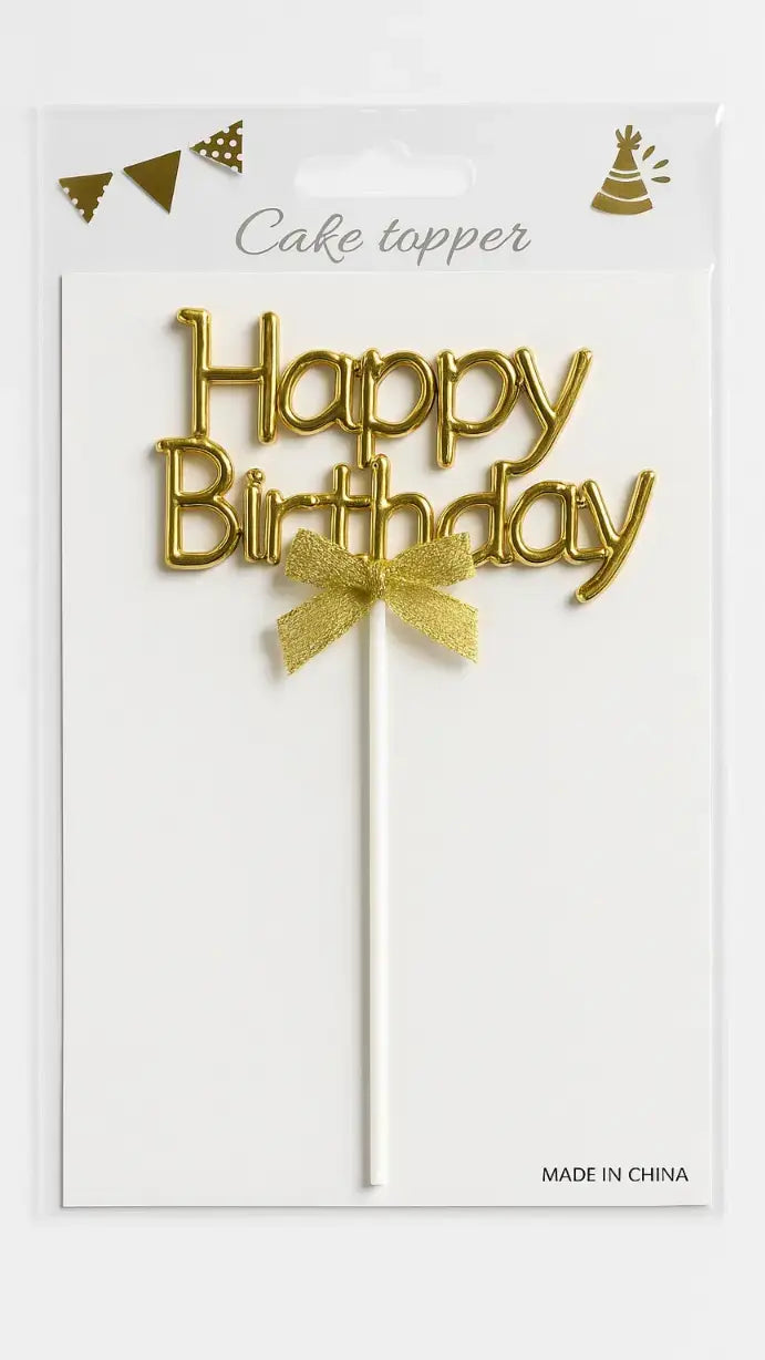 Golden Happy Birthday Topper with Ribbon – Elegant Cake Topper (Pack of 10) TPR202A